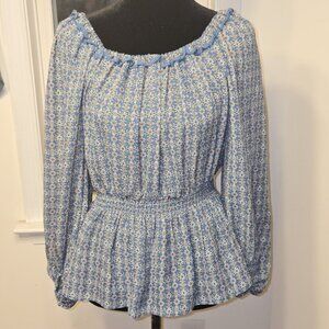 MAX STUDIO Blue Floral Smocked Peplum Blouse‎ Women Size Small